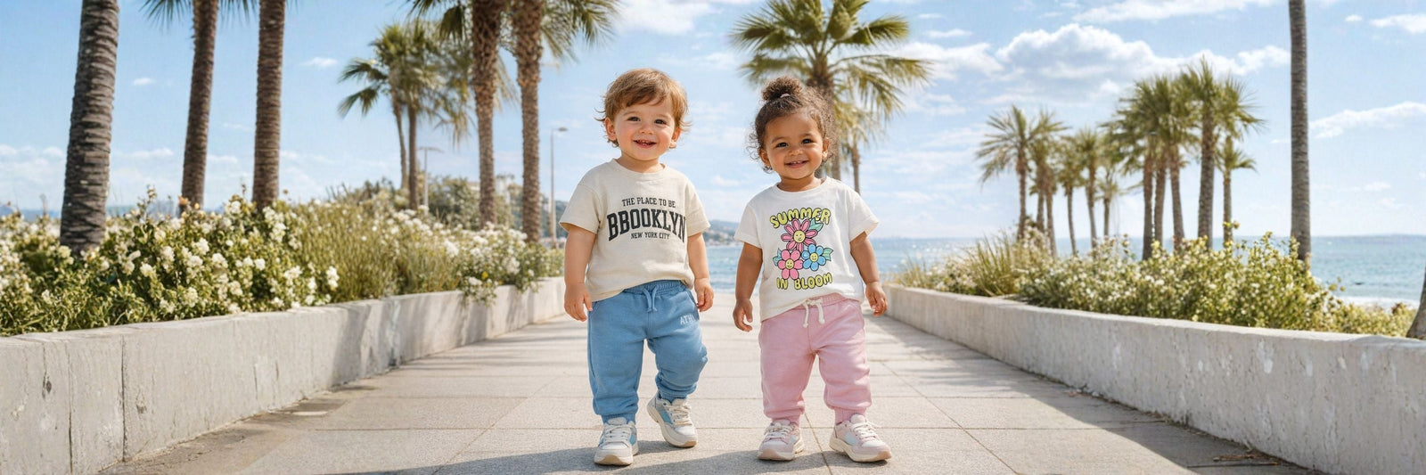 Two toddlers walking along a seaside promenade lined with palm trees, smiling and wearing casual outfits, with the ocean in the background.