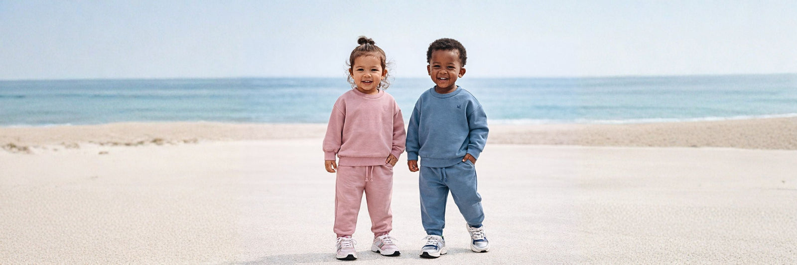Two toddlers standing on the beach, smiling at the camera, wearing matching tracksuits in pink and blue, with the ocean in the background.