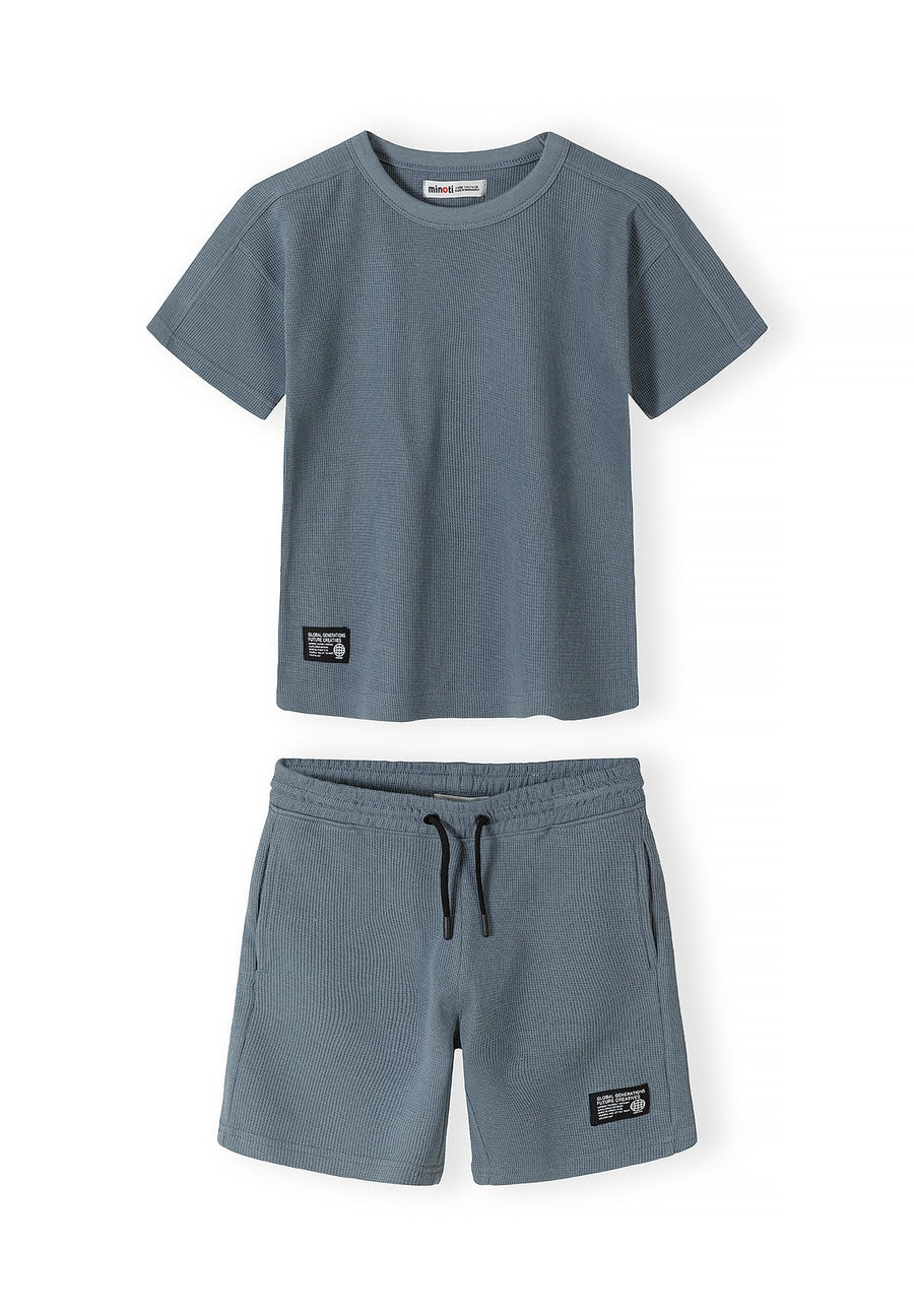 Waffle Jersey T-Shirt and Shorts Set, Blue Grey