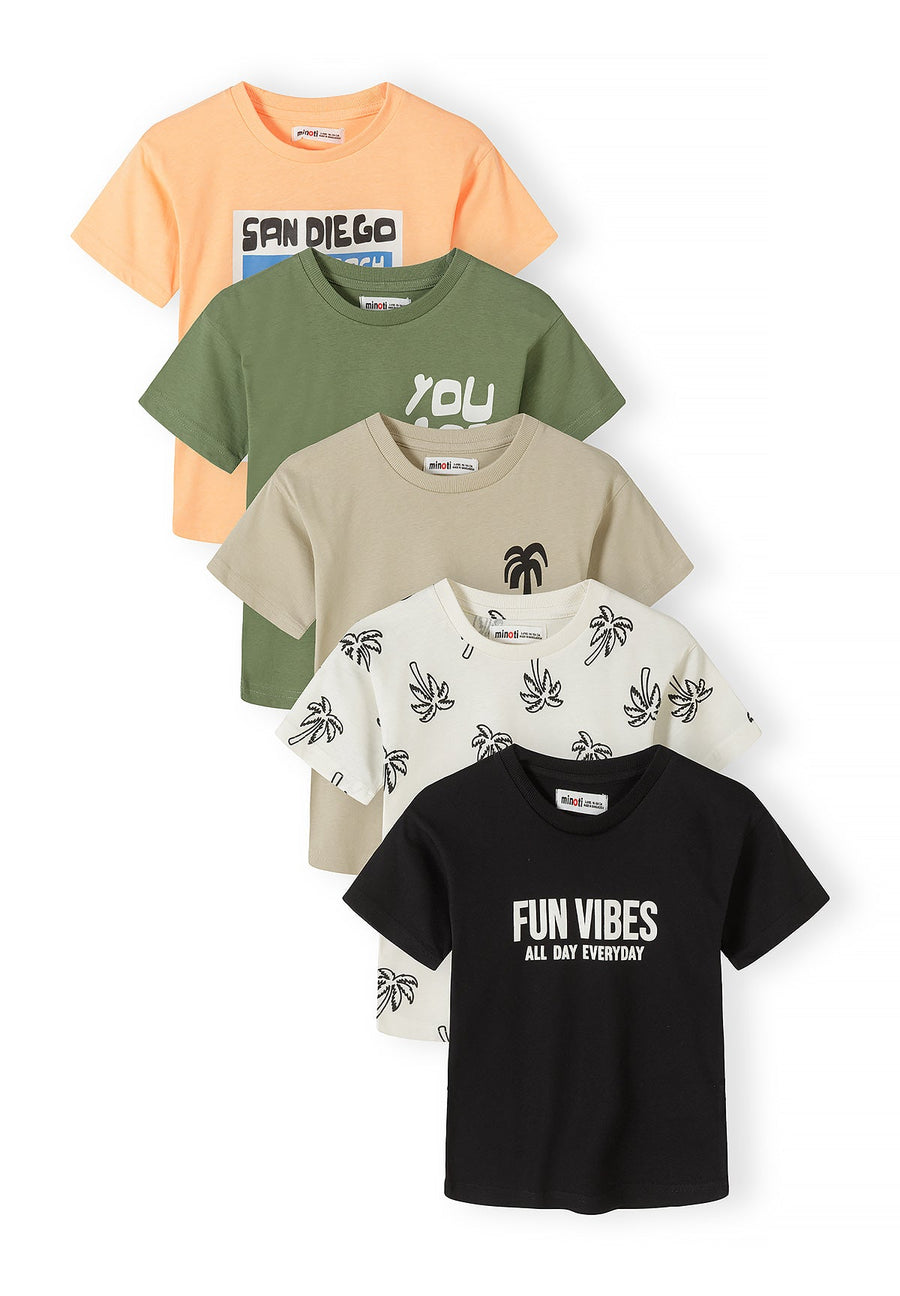 Five colourful cotton t-shirts fanned out showing orange San Diego Beach design, olive green 'You' text, beige with palm tree, white with black palm print pattern, and black Fun Vibes All Day Everyday text on white background