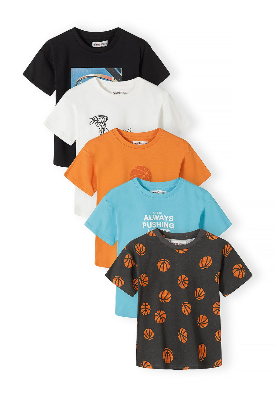 Five basketball-themed t-shirts fanned out showing black, white, orange, blue and dark grey colours with various basketball prints and graphics