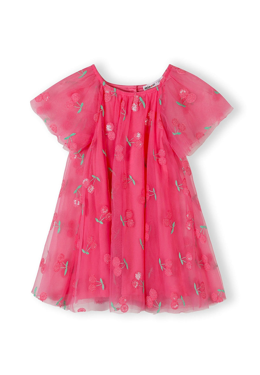 Pink tulle dress laid flat showing layered construction, angel sleeves, and sequin cherry embellishment pattern on white background