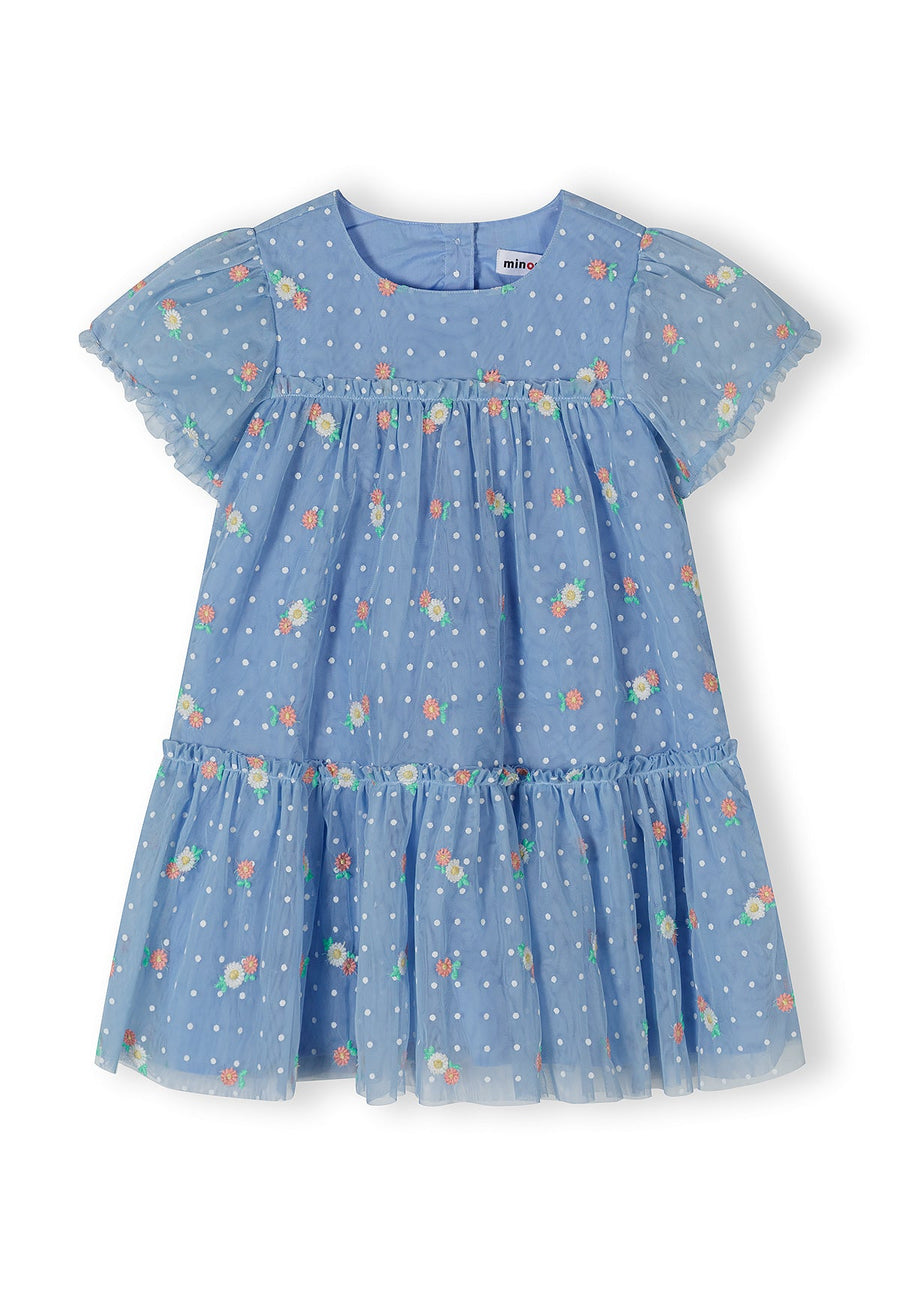 Tiered Tulle Dress, Floral Embroidery, Blue