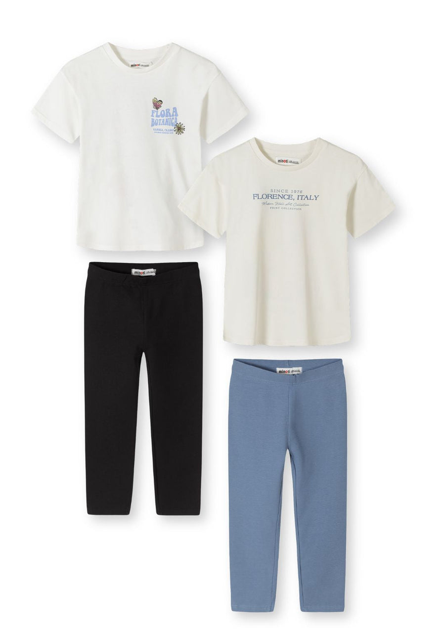 Four piece clothing set arranged on white background showing two cream t-shirts with botanical prints and two pairs of leggings in black and blue grey colours