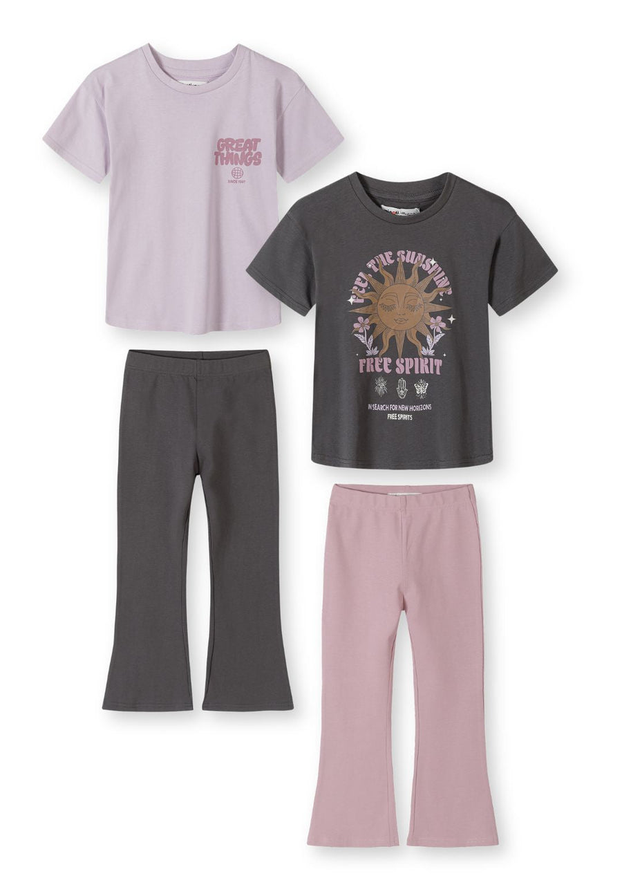 Four-piece clothing set laid flat showing two t-shirts and two flared leggings - one lilac t-shirt with pink text, one charcoal t-shirt with sunshine graphic, one charcoal flared leggings, one pink flared leggings on white background