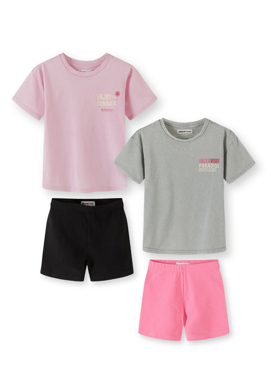 Four-piece clothing set showing pink oversized t-shirt, grey oversized t-shirt, black cycle shorts, and pink cycle shorts arranged on white background