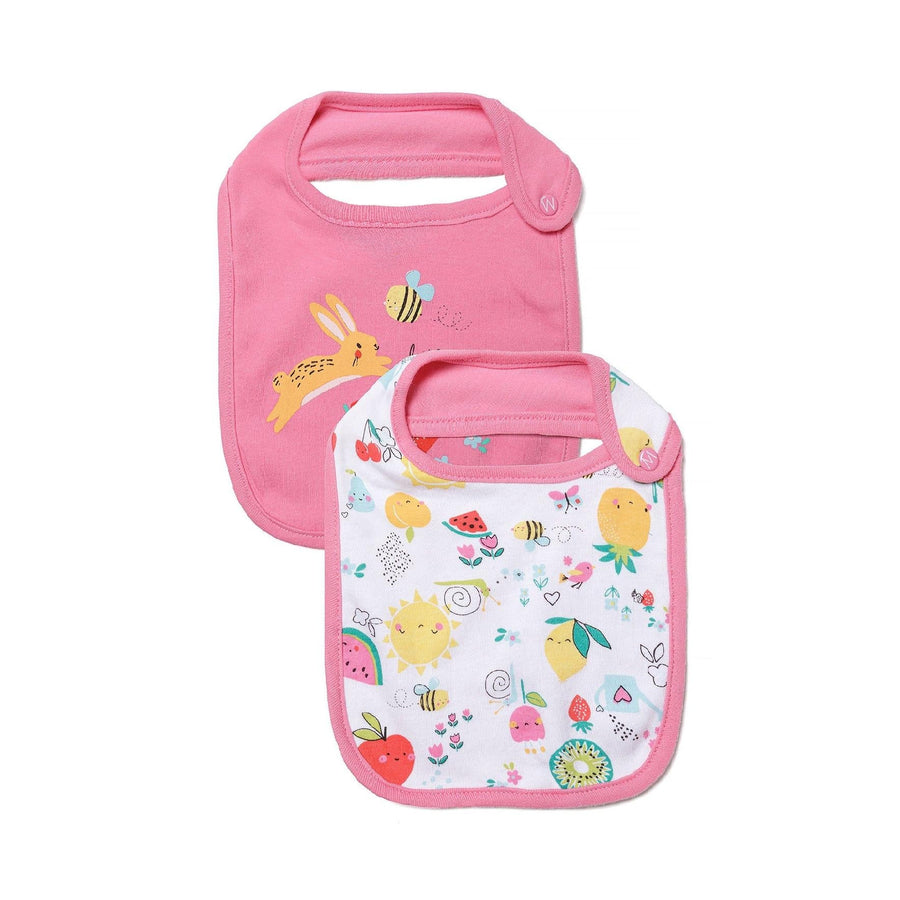 Two pink baby bibs displayed against white background, one solid pink with bunny design, one white with colorful fruit and character pattern