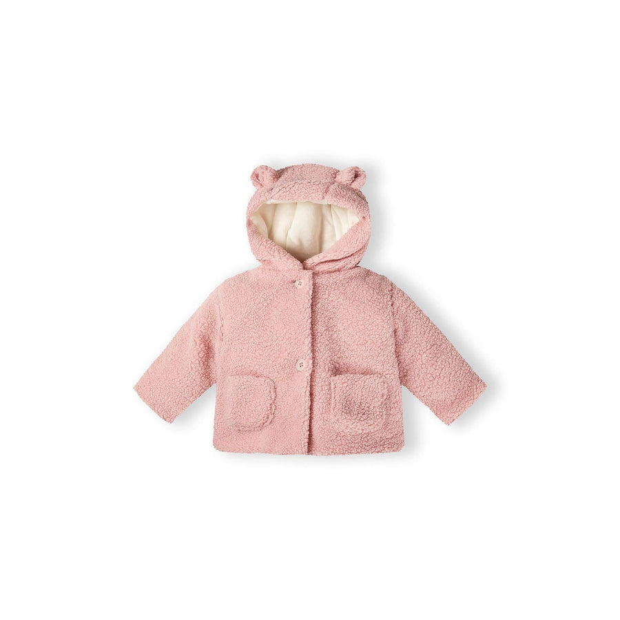 Light pink teddy jacket with hood and bear ears laid flat on white background, showing button closure and front pockets