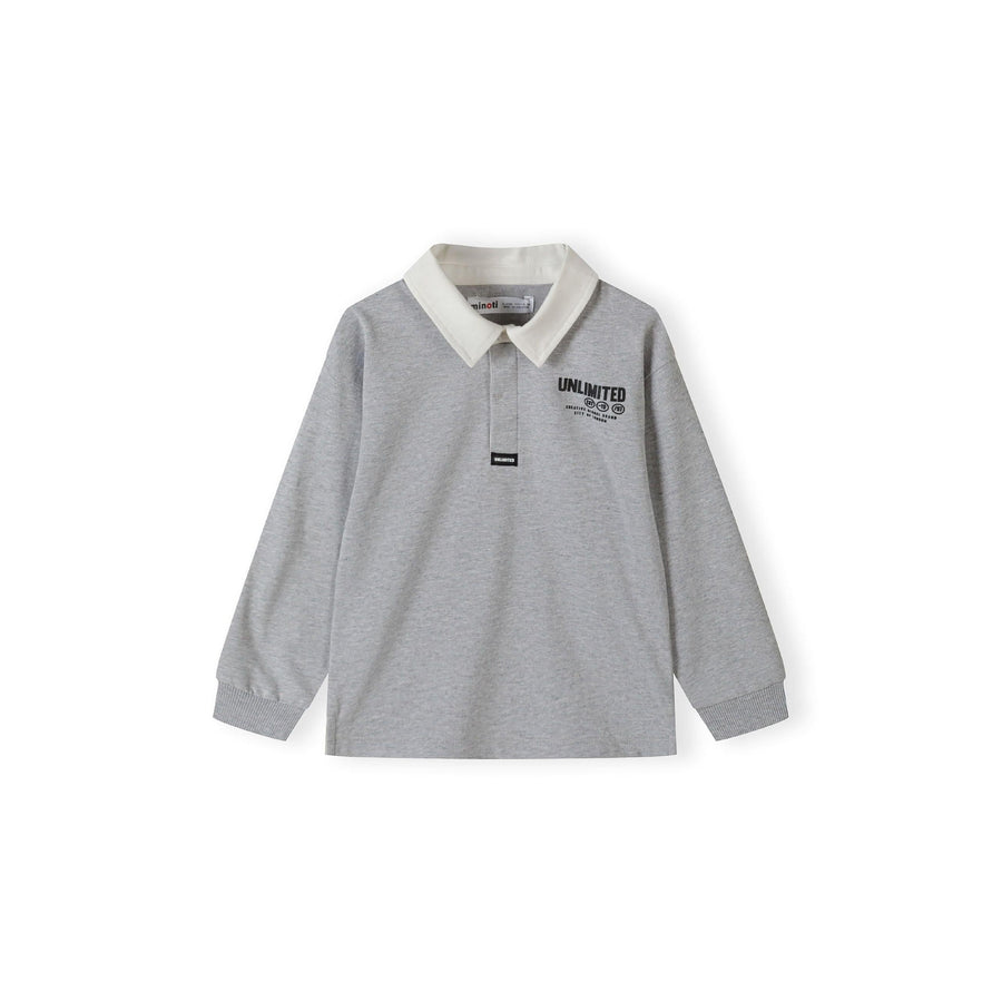 Front view of grey long sleeve polo shirt with white woven collar and UNLIMITED print on chest, displayed flat against white background