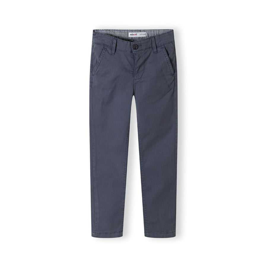Front view of navy chino trousers with tailored fit, showing button closure, zip fly, belt loops and side pockets on white background
