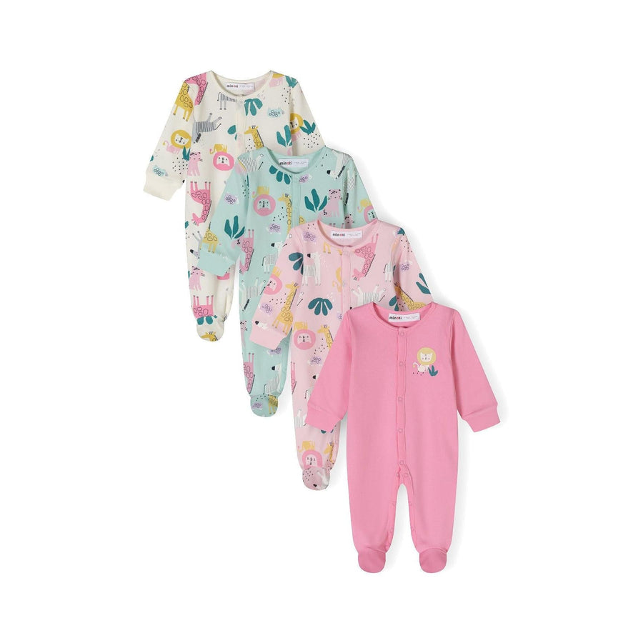 Four baby sleepsuits displayed in fan arrangement showing jungle animal prints in cream, mint green, pink and coral colours with long sleeves and footed bottoms