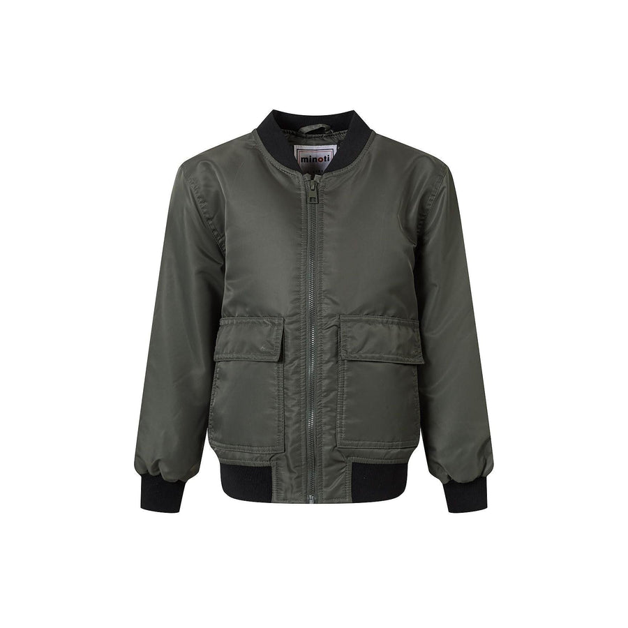 Khaki bomber jacket with ribbed black collar and cuffs, front zip closure and chest pockets, displayed on white background