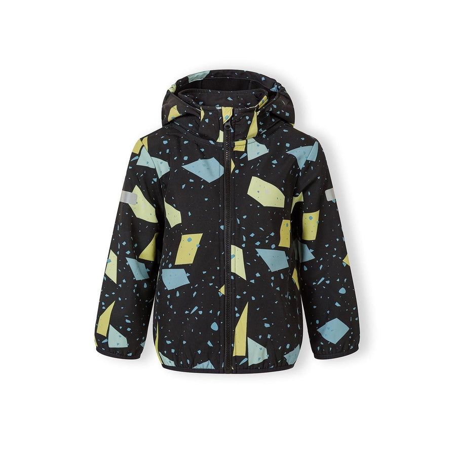Gunmetal softshell jacket with abstract geometric print laid flat showing full front zip closure, fixed hood and Minoti label, photographed against white background
