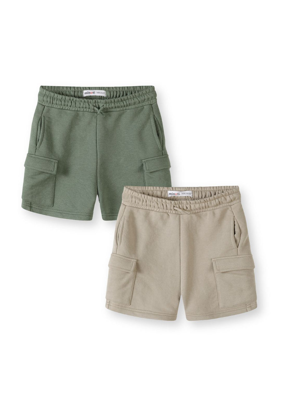 Two pairs of cargo shorts displayed on white background - one in sage green and one in beige khaki, both featuring elasticated waistbands and cargo pockets on the sides