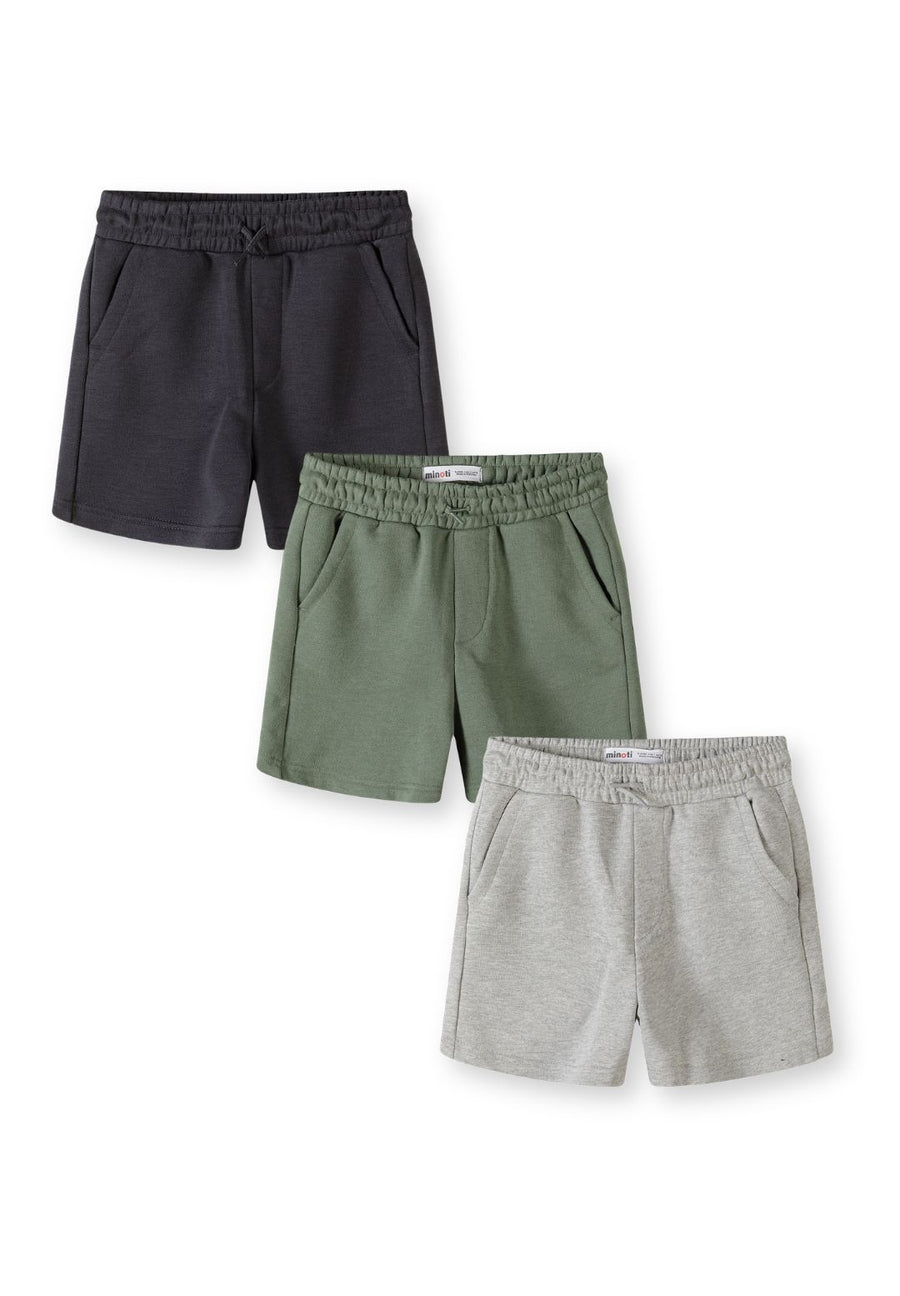 Three boys shorts laid flat showing grey, black and khaki colours with elasticated waistbands and side pockets on white background