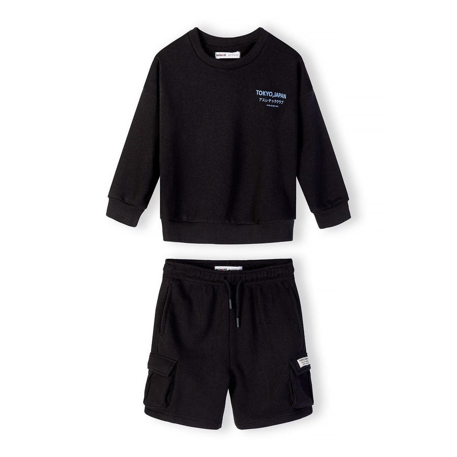 Black sweatshirt and cargo shorts set displayed flat against white background, showing Tokyo Japan text print on chest and multiple cargo pockets on shorts