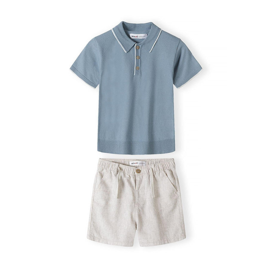 Back view of light blue knitted polo shirt showing ribbed collar, cuffs and hem detail against white background