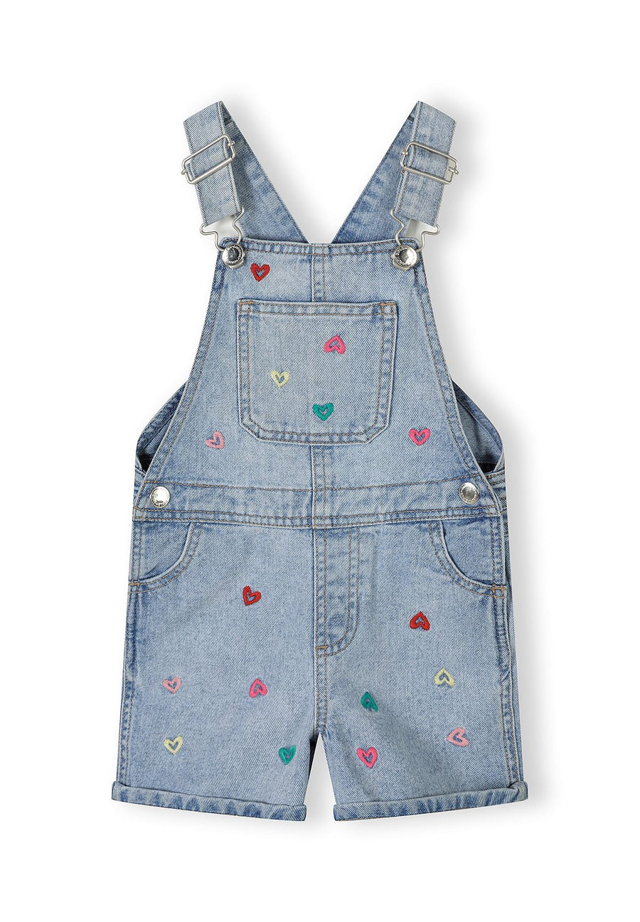 Back view of light blue denim short dungarees showing adjustable shoulder straps and back pockets on white background