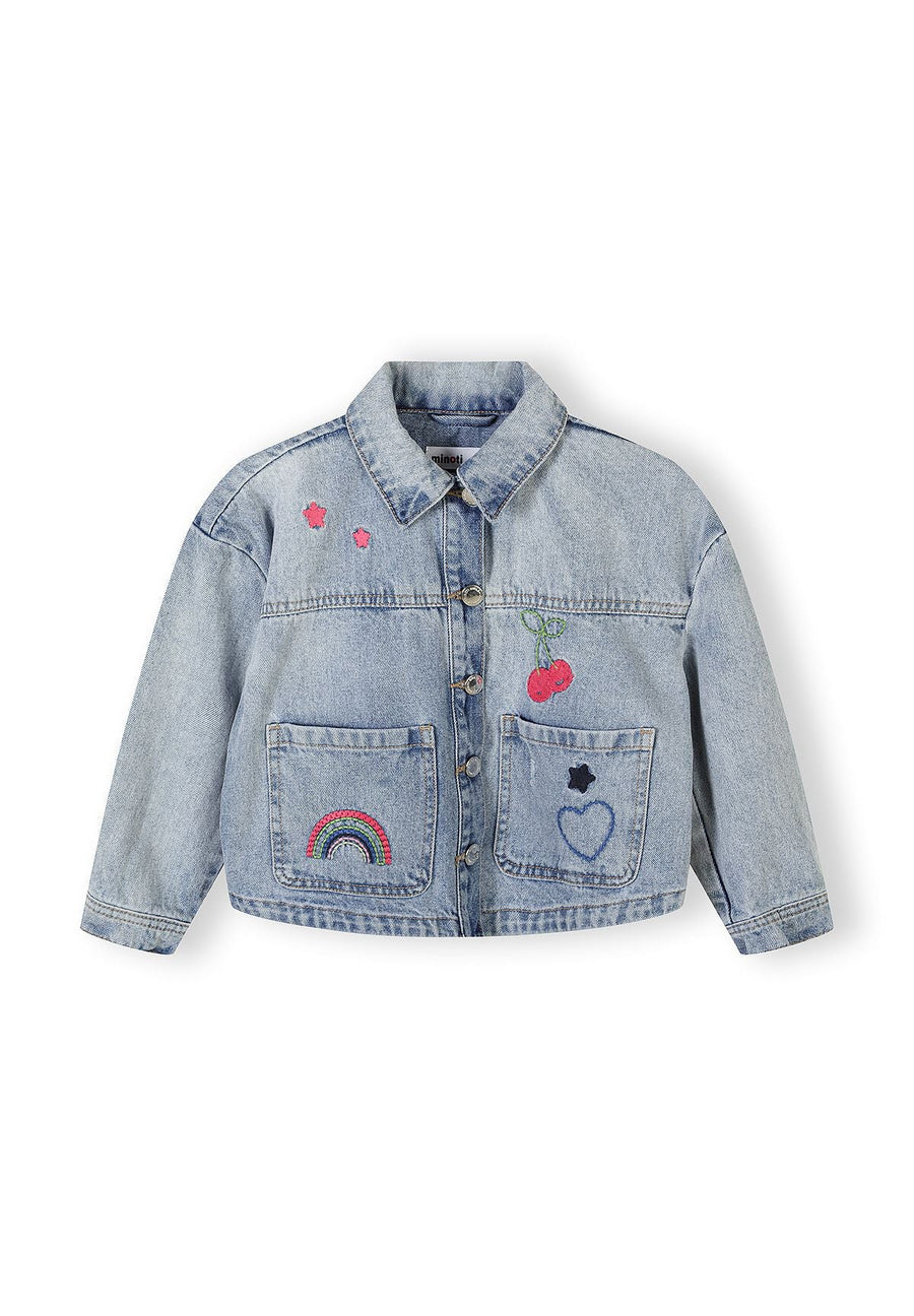 Back view of light blue denim jacket laid flat showing classic collar, button closure and overall construction details on white background