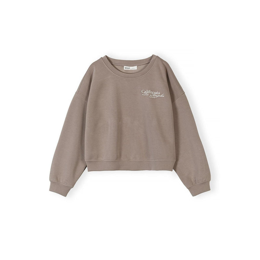 Brown viscose sweatshirt with California embroidery shown flat against white background, front view