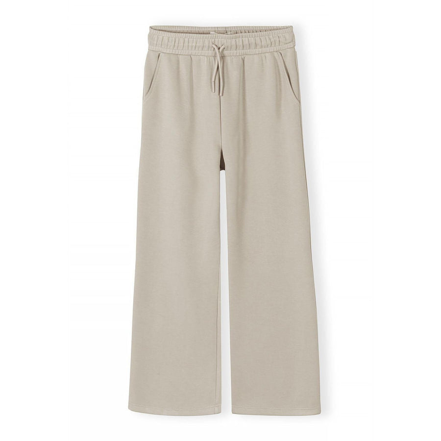 Beige wide leg joggers flat lay front view on white background showing elastic waistband with drawstring and side pockets