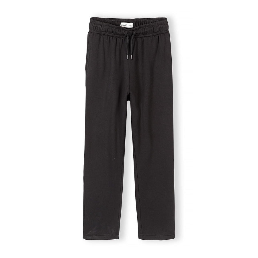 Black wide leg joggers with drawstring waistband and Minoti label, full length view on white background