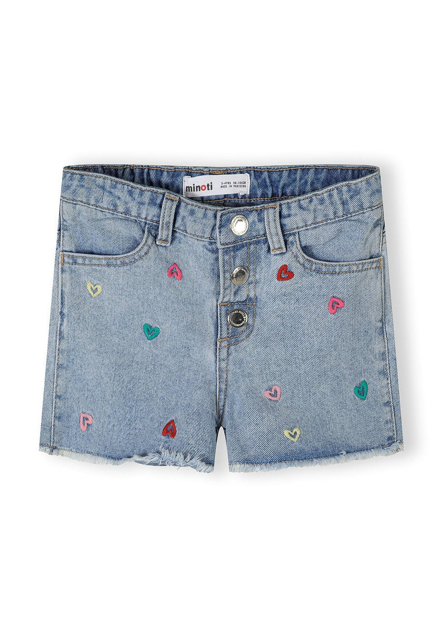 Front view of blue denim shorts with colourful heart embroidery scattered across the fabric, featuring button fly closure and belt loops on white background