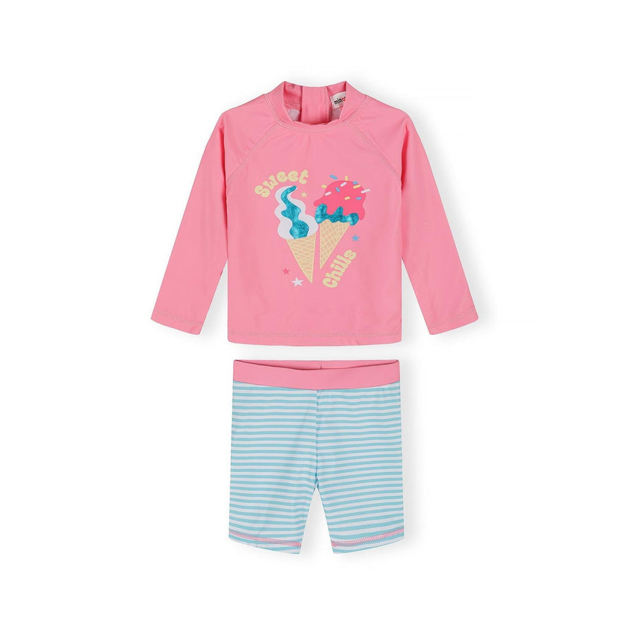 Pink and blue rash vest swim set laid flat showing long-sleeved top with ice cream graphics and matching striped shorts on white background