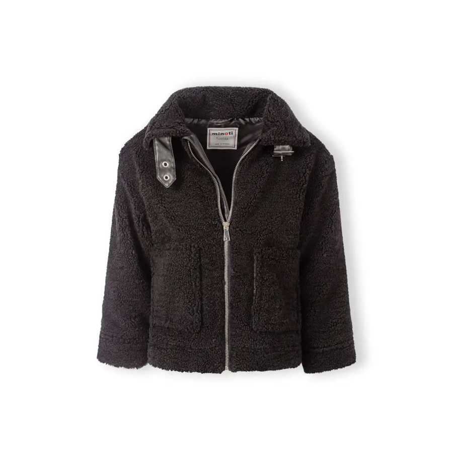 Black teddy borg jacket front view on white background showing zip closure, hood, and chest pockets with Minoti label visible