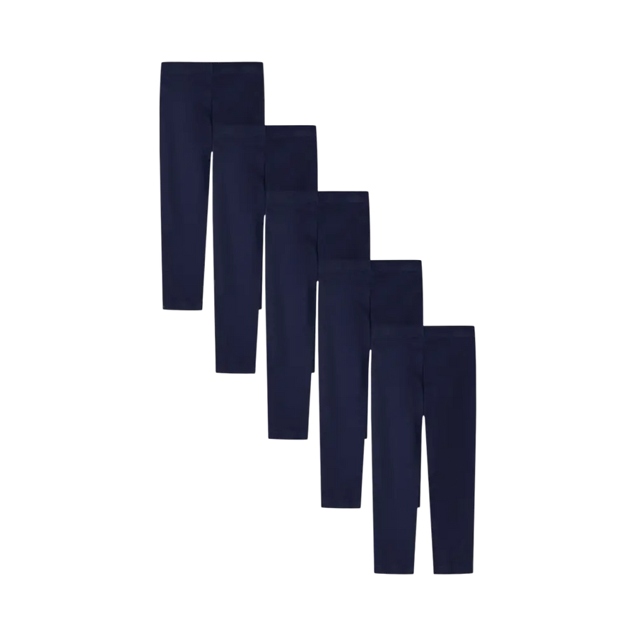 Five navy jersey leggings arranged in graduated sizes showing the complete pack contents against black background